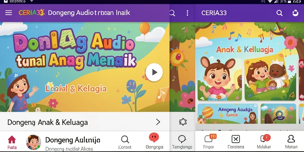 Tampilan antarmuka CERIA33 dengan pilihan cerita yang menarik untuk anak.